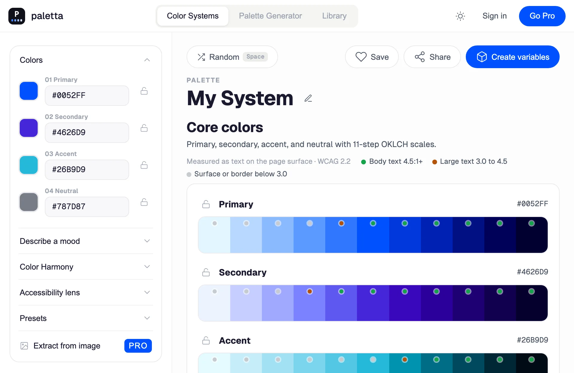 The Paletta plugin in Figma: base colors on the left, 11-step OKLCH scales with contrast dots on the right, and a Create variables button.